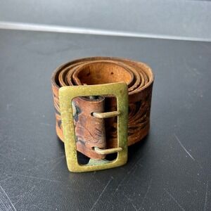 Vintage Mens Embossed Leather Belt Western Style Brass Buckle Rustic Rodeo Indie